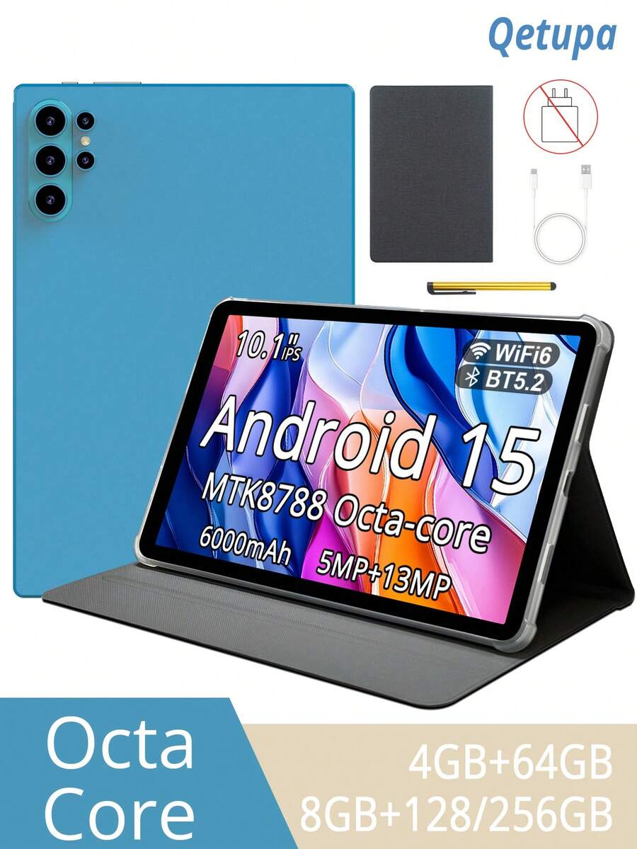 Qetupa 10.1 吋 Android 15 平板電腦,附保護殼與觸控筆,MTK8788 八核心 2.0GHz 處理器,4GB RAM + 64GB ROM 或 8GB RAM + 128GB/256GB ROM (可擴充至 1TB SD 卡),HD (1280x800) IPS 觸控螢幕,5MP 前置鏡頭與 13MP 後置鏡頭,6000mAh 電池,支援 802.11ax Wi-Fi 6、藍牙 5.2、GPS、Type-C 充電埠 (不含適配器) - 藍色 - 查看 1