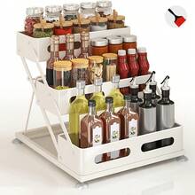GROWSUN-3-Tier Foldable Spice Rack With Safety Guardrails - Space-Saving Kitchen Cabinet & Countertop Organizer, Durable Powder-Coated Design, Tool-Free No-Drill Assembly (BBQ Brush Included) - 查看 4