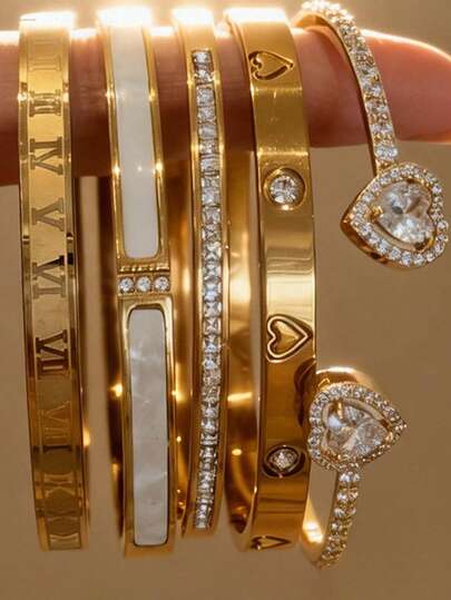 1/5pcs Stainless Steel 18K Gold Plated Heart-Shaped Cubic Zirconia Bangle Set, Copper Inlaid Artificial Zirconia Open Cuff Bracelet, Fashionable Daily Wear Bracelet Set, Holiday Gift For Women