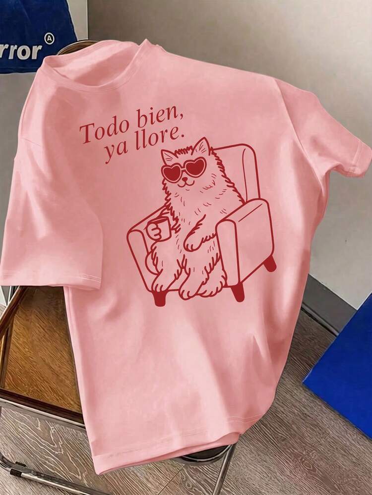 Plus Size Women Casual Cute Crying Cat Print Round Neck Short Sleeve T-Shirt, Suitable For Spring, Summer, Autumn Pink - Pink - View 2