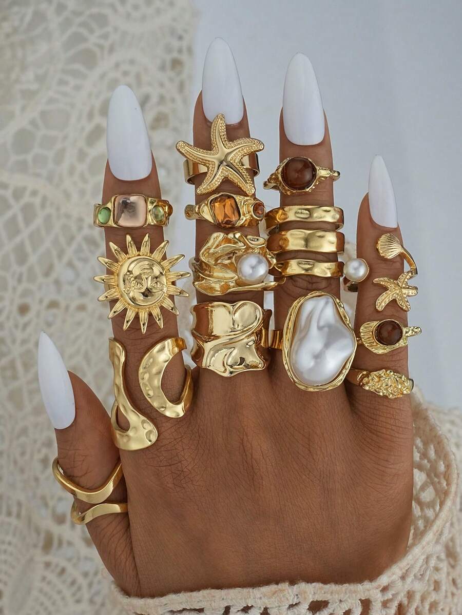 5/14pcs Vintage Sunflower & Starfish Metal Ring Set, Fashion Rings For Women, Suitable For Holiday, Party, Date, Casual, Wedding, Travel, Photo Shoot, Daily Matching, New Versatile Combination - Yellow Gold - View 1