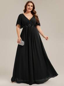 EVERPRETTY Plus Size Elegant Romantic V-Neck Waist Applique Ruffle Sleeve Chiffon Black Bridesmaid Dress, Long Maxi Dress Suitable For Wedding, Party, Spring & Summer - Black - View 5