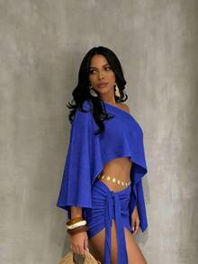 Boho 2 Piece Outfits Textured Off Shoulder Batwing Sleeve Top & Tie Side Ruched Mini Skirt Set, Sexy Solid Seaside Vacation 2 Piece Outfits Tropicoqueta Outfitstrajes Trajes Elegantes De Mujer Summer Beach Resort Wear - Màu xanh lam - Xem 4