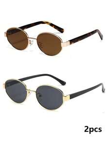 2pcs Summer Fashion Eyeglasses Set, Retro Oval Metal Frame Decorative Glasses, Unisex Street Style Casual Commute Accessory - 2pcs Oval Gray-brown - View 7