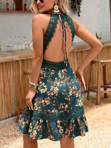 Vestido de verano con espalda descubierta, con estampado floral y bordado de encaje para vacaciones - Negro 2 - Ver 7
