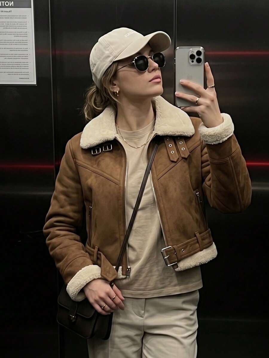 Women's Suede Jacket, Winter Jacket With Belt, Fashionable, Versatile, Elegant, Cold Weather - Camel - Ver 1