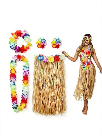 5pcs/Set Hawaiian Style Grass Skirt, Tropical Hawaiian Grass Skirt For Summer Beach Vacation, Hawaiian Party Gifts, Party Decorations, Hawaiian Dance Performance With Headband Grass Skirt, Hawaiian Party Supplies, Tropical Beach Party