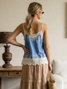 Top de tirantes finos con escote en V y ribete de encaje, estilo bohemio - Adecuado para verano y vacaciones en la playa - Celeste - Ver 6