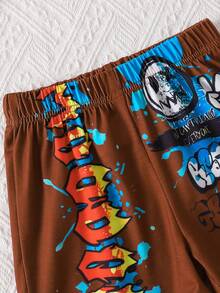 2pcs/Set Summer Bear Crown & Letter Print Round Neck Short Sleeve Top And Shorts Set, 3-7 Years Old, Suitable For Sports, Casual, Outdoor Activities - Coffee Brown - View 4