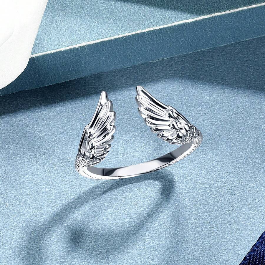 MDFUN Anillo ajustable de ala abierta minimalista chapado en oro blanco de 18K para mujer - Blanco - Ver 1