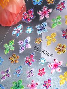 5D渐变芙蓉花浮雕美甲贴纸3片装，彩色芙蓉花瓣雏菊，充满活力的热带植物，春夏花卉印花设计，DIY Y2K优雅时尚婚礼雕刻自粘凝胶指甲油贴纸滑块美甲沙龙装饰 - 彩色 - 查看 6