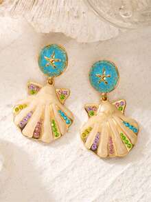 1 Pair Summer Beach Vacation Ocean Style Colorful Rhinestone Shell Pendant Blue Starfish Stud Earrings, Fashion Versatile Earrings For Women, Suitable For Daily Wear And Beach Party Evening Wear - Multicolor - View 3