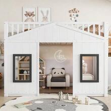 Bunk Bed, House-Style Bed, With Stairs, Fall Protection And Railing, Children's Bed With Window, Freely Configurable Lower Bed, Pine Frame, Pine+MDF, White, 90x200cm - White - View 3