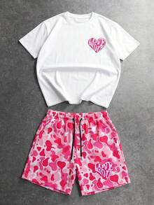 FRACTYR 男士“LOVE YOU”爱心印花白色短袖T恤+粉色奶牛印花抽绳短裤两件套休闲套装，舒适透气，适合夏季穿着 - 白色 - 查看 2