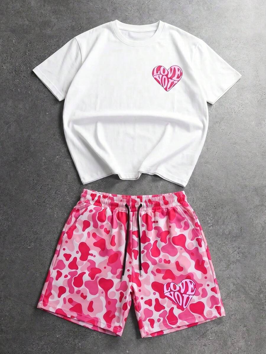 FRACTYR Men's "LOVE YOU" Heart Print White Short Sleeve T-Shirt + Pink Cow Print Drawstring Shorts 2-Piece Casual Set, Comfortable & Breathable, Suitable For Summer - White - View 1
