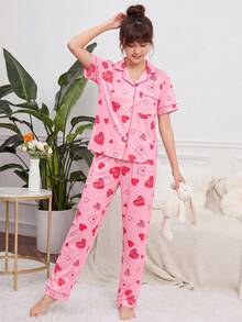2pcs Girls Pajama Set, Short Sleeve Button-Up Shirt With Heart Print Pants, Soft & Breathable Sleepwear - Pink - View 3