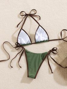 Bộ bikini buộc dây cổ gợi cảm phối màu tương phản dành cho nữ, đồ bơi thời trang và thoải mái cho kỳ nghỉ hè trên bãi biển. - Màu xanh lá cây đậm - Xem 4