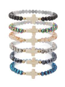 6pcs Fashion Turquoise Cross & Colorful Crystal Beaded Elastic Bracelet Set, Suitable For Women Daily Wear And Gift - Multicolor - View 3