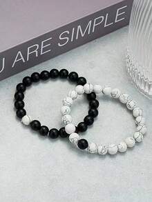 YAUKIA 2pcs/Set Vintage Natural Stone Memory Bracelet , Couple Stacking Howlite Stress Relief Yoga Meditation , Jewelry Gift , Ideal For Daily Wear - Multicolor - View 9