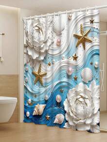 1/4pcs 3D Wave & Starfish Shower Curtain Set, Bathroom Curtains With Carpet, Shell & Pearl Decor, Bathroom Set Includes Shower Curtain And Rug, White Floral Shower Curtain For Toilet Lid - A - View 9