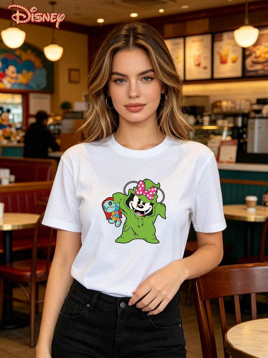 Disney Official Licensed | Nightmare Before Christmas Oogie Mickey Spooky Graphic Women Crew Neck Short Sleeve T-Shirt, Soft Stretchy Breathable Fabric, Classic Round Neck, Great For Holiday Fashion Daily Casual Outfits - 白色 - 查看 1