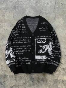 Áo Cardigan nam phong cách thường ngày, họa tiết chữ in vui nhộn, size lớn, mở phía trước, thời trang đường phố, cổ chữ V, tay dài, dáng rộng, màu đen - màu đen - Xem 4