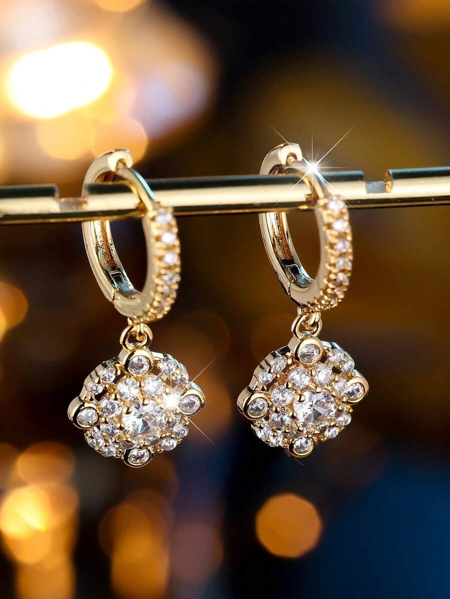 1 Par de Brincos Femininos com Designs Geométricos Brilhantes e Requintados, Definidos com Zircônia Sintética - Perfeito como Acessório de Moda para Mulheres e Meninas, Ideal para Uso em Ocasiões Elegantes à Noite, e a Escolha Perfeita para um Presente de Aniversário! - Ouro amarelo - Visão 1