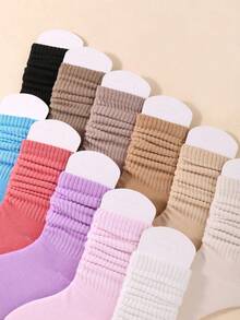 5 Pairs Kids Random Solid Color Loose Socks, Multicolor Casual Long Socks, Girls Socks, Comfortable Breathable Soft Socks Suitable For Girls Teenagers Daily Life School Gift - Multicolor - View 3