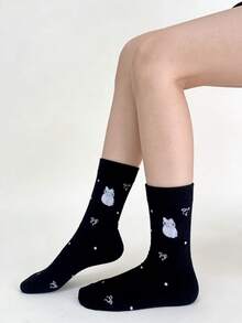 1/5 Pairs Cute Dog & Cat Design Comfortable Mid-Calf Socks, Suitable For All Seasons - Multicolor - View 3