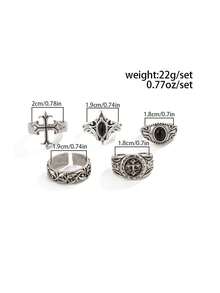 5pcs Vintage Gothic Geometric Metal Ring Set, Punk Cross Rings, Black Faux Gem Adjustable Rings, Ideal Holiday Gift For Men, Charming Jewelry - Antique Silver - View 5