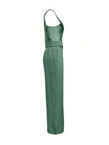 Conjunto de 2 piezas de camiseta y pantalones casuales de unicolor para mujer, primavera/verano - Verde - Ver 3