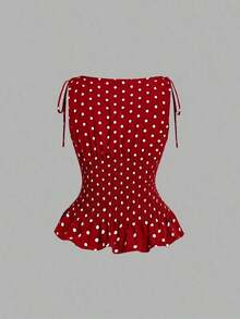 Conjunto de 2 piezas de top sin mangas y shorts con estampado de lunares en contraste para mujer - Rojo - Ver 8