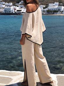 UrbanChic. Contrast Trim Asymmetric Oblique Neck Top Spring/Summer Casual Vacation Loose Slimming Long Pants Set - Khaki - View 5