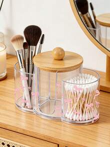 Caja de almacenamiento de plástico transparente con tapa de bambú con diseño de lazo rosa en 3 en 1, organizador de maquillaje de escritorio con tres agujeros redondos, caja de almacenamiento de cosméticos transparente con tres compartimentos - Caja de almacenamiento de tocador moderno con tapa, ideas de regalo para mujeres - Multicolor - Ver 3