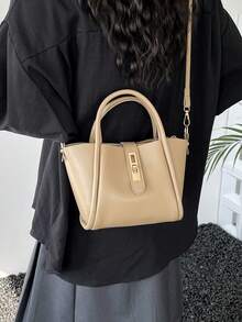 Adjustable Shoulder Strap Handbag, PU Material, Solid Color, Open Top, Random Printed Pattern, Oil Edge Treatment, Perfect For Women's Daily Use - Khaki - View 6