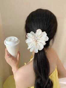 1pc Milky White Chiffon Flower & Pearl Hair Scrunchie, Gentle Elegant Versatile Hair Accessory - Multicolor - View 2