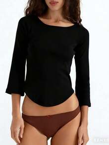 Chic Minimalist Boat Neck Top - Flare Long Sleeve Slim Fit Curved Hem Casual Blouse - màu đen - Xem 2
