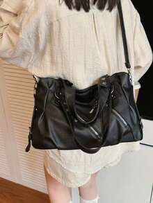 Retro Minimalist Large Capacity Fashion Student/Work Commute Tote Bag - Black - View 11