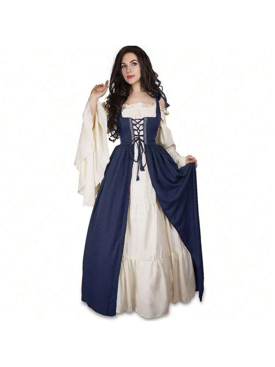 COS Vintage Renaissance Court Medieval Robe With Belt For Stage Performance - Blue - View 1