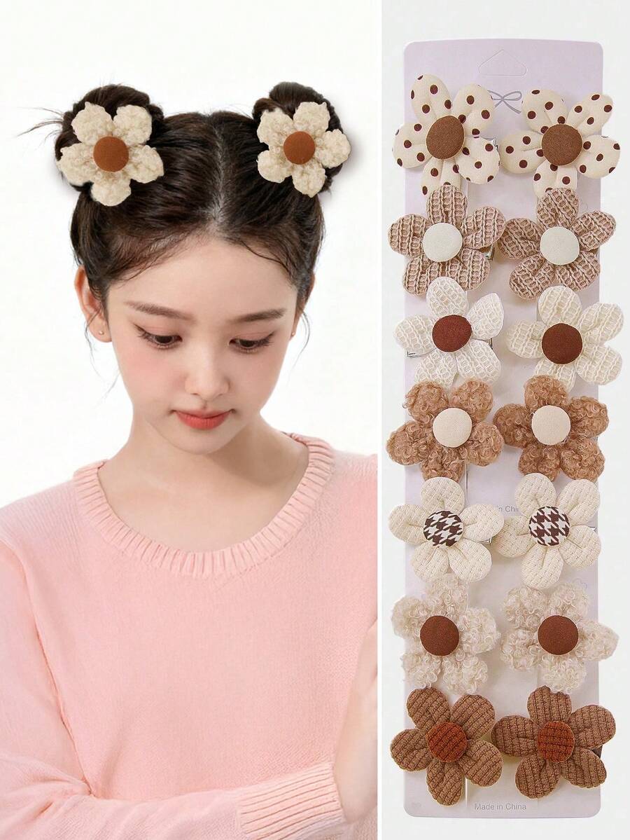 10个/套 米色毛绒花朵发夹,适合女孩,沙滩/旅行花卉发饰,DIY刘海发夹 - 彩色 - 查看 1