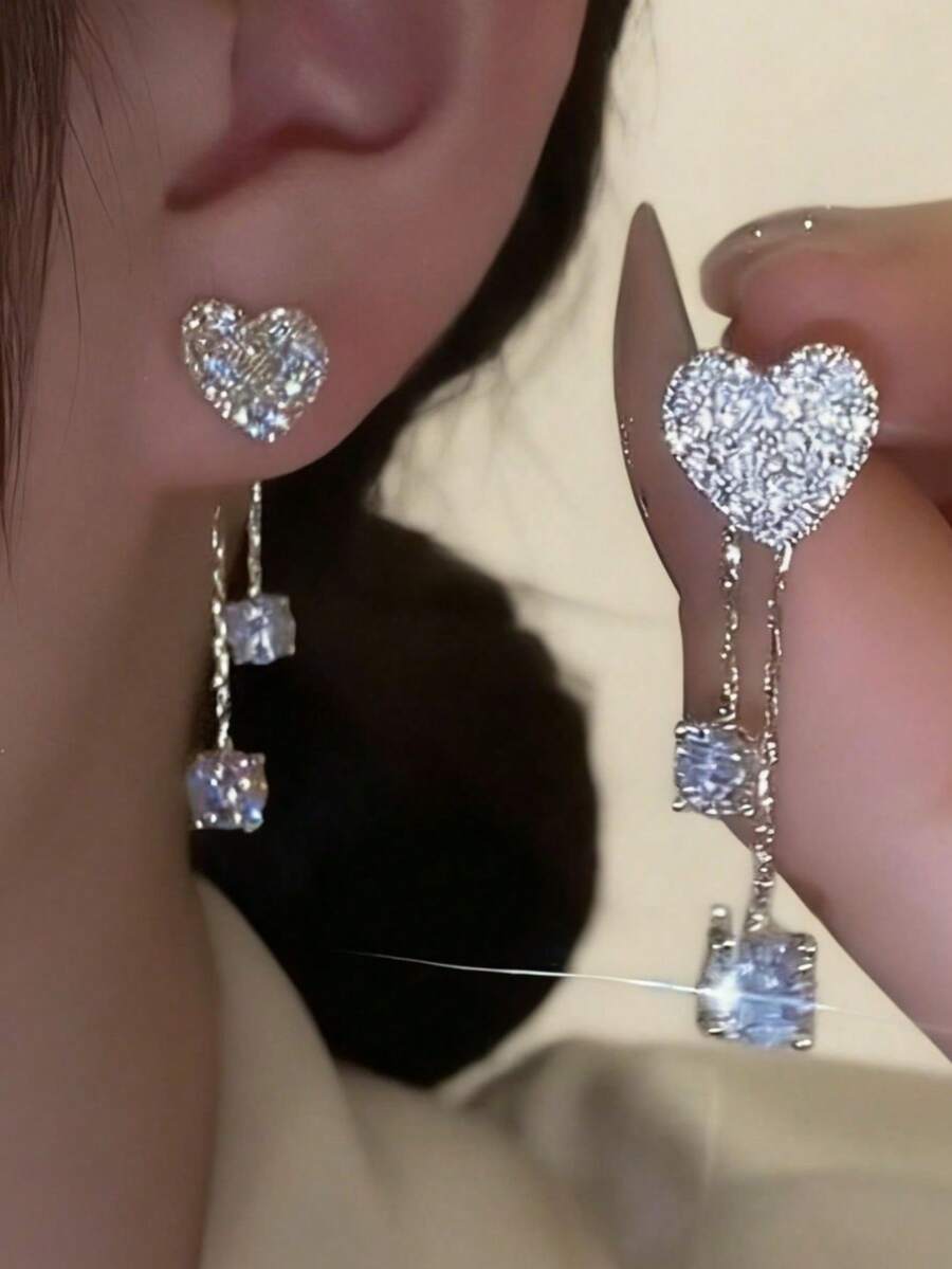 1 Đôi bông tai tua rua hình trái tim tối giản đính đá Cubic Zirconia, bông tai nữ đính đá lấp lánh, thích hợp cho các dịp hẹn hò và lễ hội. - Vàng - Xem 1