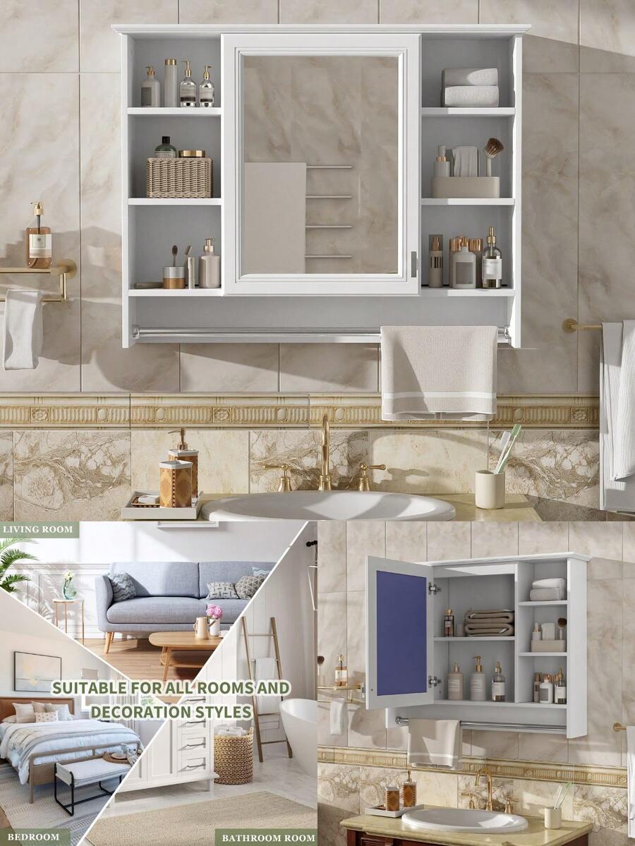 3-In-1 Bathroom Mirror Cabinet, 36-Inch Wall Mounted Medicine Cabinet With Adjustable Shelf Soft Close Door, High-Define Mirror With Storage Bathroom Vanity - Painted + White + Adjustable Shelves + Bathroom + - View 1