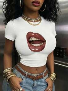 Women's Casual Fitted Short T-Shirt, Lip Print Pattern, Street Style, Summer Outfit, Holiday Wear White - White - View 1