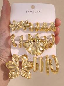 6/18 pièces Ensemble de boucles d'oreilles pour femmes avec design géométrique symétrique floral plaqué or, cadeau de bijoux d'été pour maman et amies - Or jaune - Voir 14