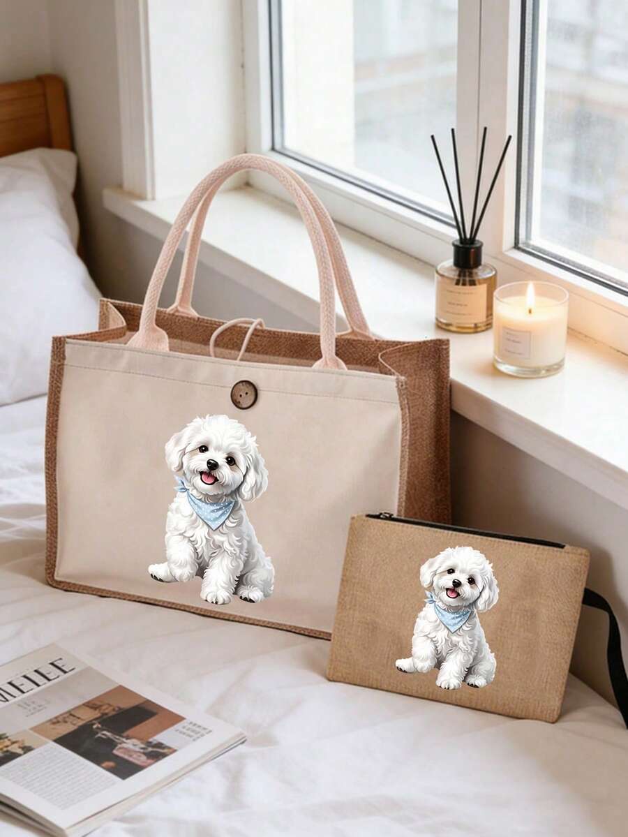 可爱马尔济斯犬帆布手提袋和拉链收纳袋套装,白色小狗印花帆布手提袋搭配同款拉链收纳袋,适合比熊犬爱好者、女性、宠物妈妈和动物爱好者,采用耐用的亚麻和麻混纺面料,编织提手和纽扣封口,大容量手提袋,适合日常购物、工作和旅行。 - 彩色 - 查看 1