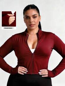 Plus Size Women Full Zip Sports Jacket, Solid Color Slim Fit High Elasticity With Thumb Hole, Suitable For Commuting, Yoga, All-Day Wear - Red - View 10