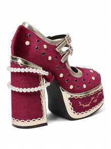 Fashion Women Platform Mary Jane Shoes Cross Strap High Chunky Heels Pumps Shoes Elegant With Pearl Ankle Chain Rhinestone Studded Strap Buckle Shoes For Wedding And Party - 紅色 - 查看 7