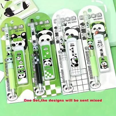 1 Set de lápices automáticos con diseño de panda, suministros de alta calidad para estudiantes, surtido de colores aleatorios
