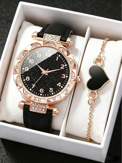 Ensemble de 5 pièces - Une montre quartz or rose pour femme avec cadran noir, accents de diamants et bracelet en cuir, assortie à un ensemble de bijoux (bracelet, collier, boucles d'oreilles et bague) avec motifs de papillon. Alliant douceur et élégance raffinée, cet ensemble fait un cadeau d'anniversaire exquis pour une meilleure amie, petite amie ou épouse. Boîte-cadeau non incluse.