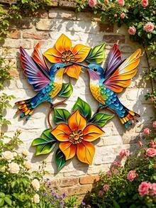1 pieza Arte de pared de colibrí de metal - Diseño plano 2D, colibrí y flor coloridos, fácil de colgar, adecuado para decoración del hogar, decoración de habitaciones, decoración de dormitorios, decoración de jardines, salas de estar, porches, balcones, etc. - Multicolor - Ver 8